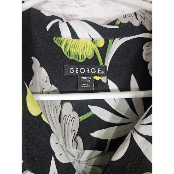 GEORGE 90s Green Black Hibiscus Hawaiian Floral Button Down Men's Shirt 2XL - Picture 5 of 6